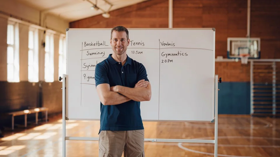 Coach in front of timetable whiteboard